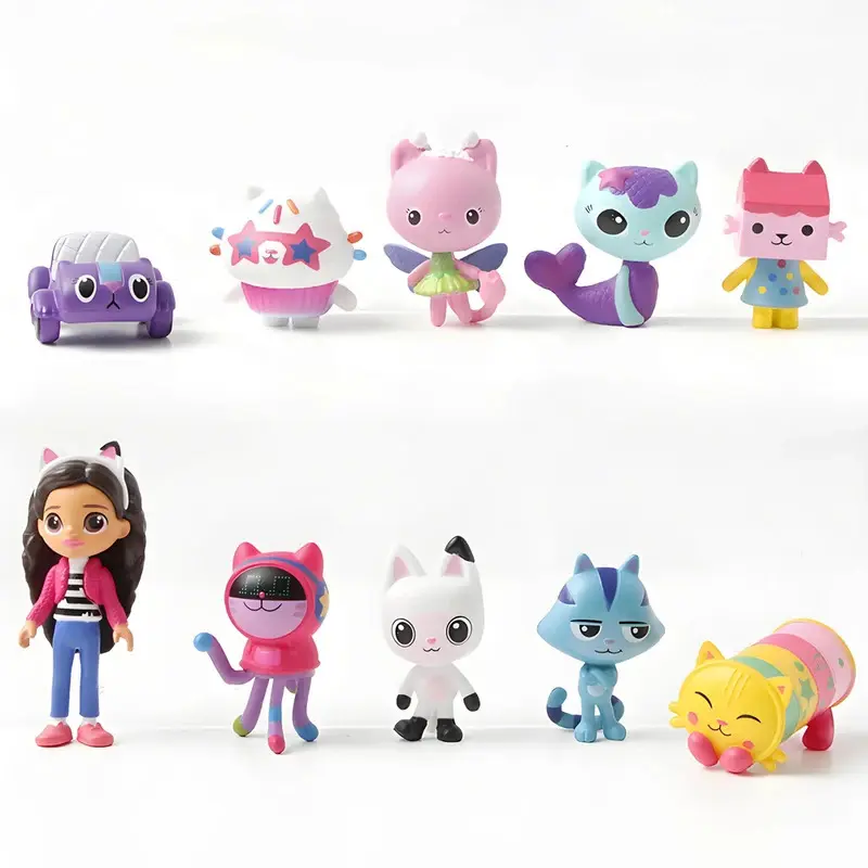 NEW 10pcs Gabby Dollhouse Anime Figure Toy Smiling Car Cat Hug Gaby Girl Dolls Mercat Cartoon Birthday Kids Gift