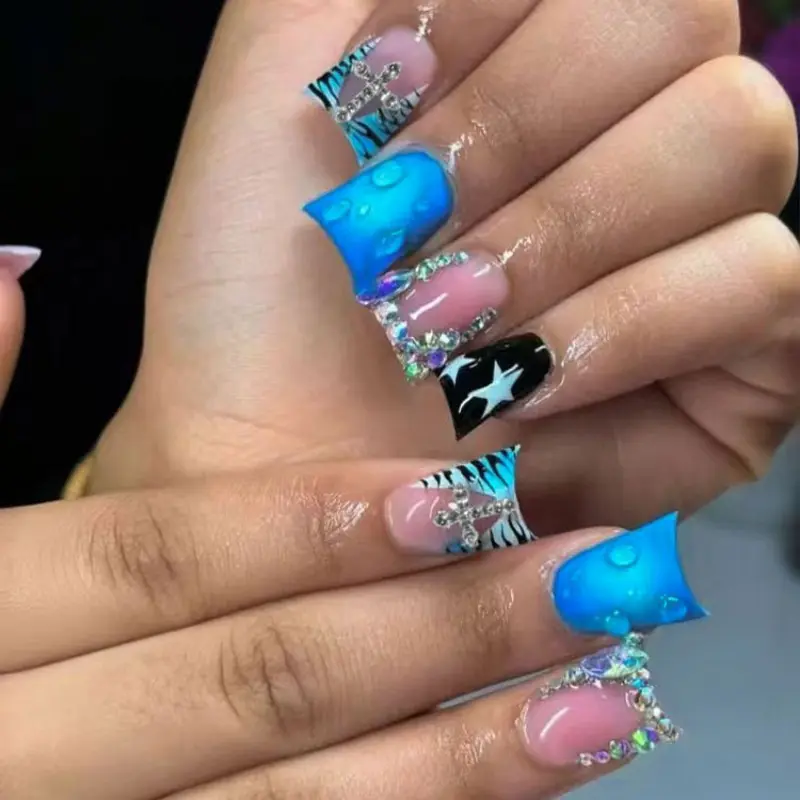 24pcs Blue Zebra French Cross Press-On Nails, Acrylic False Nails Set, Includes Jelly Glue and Nail File, Perfect for Parties and Daily Wear, Fake Nails