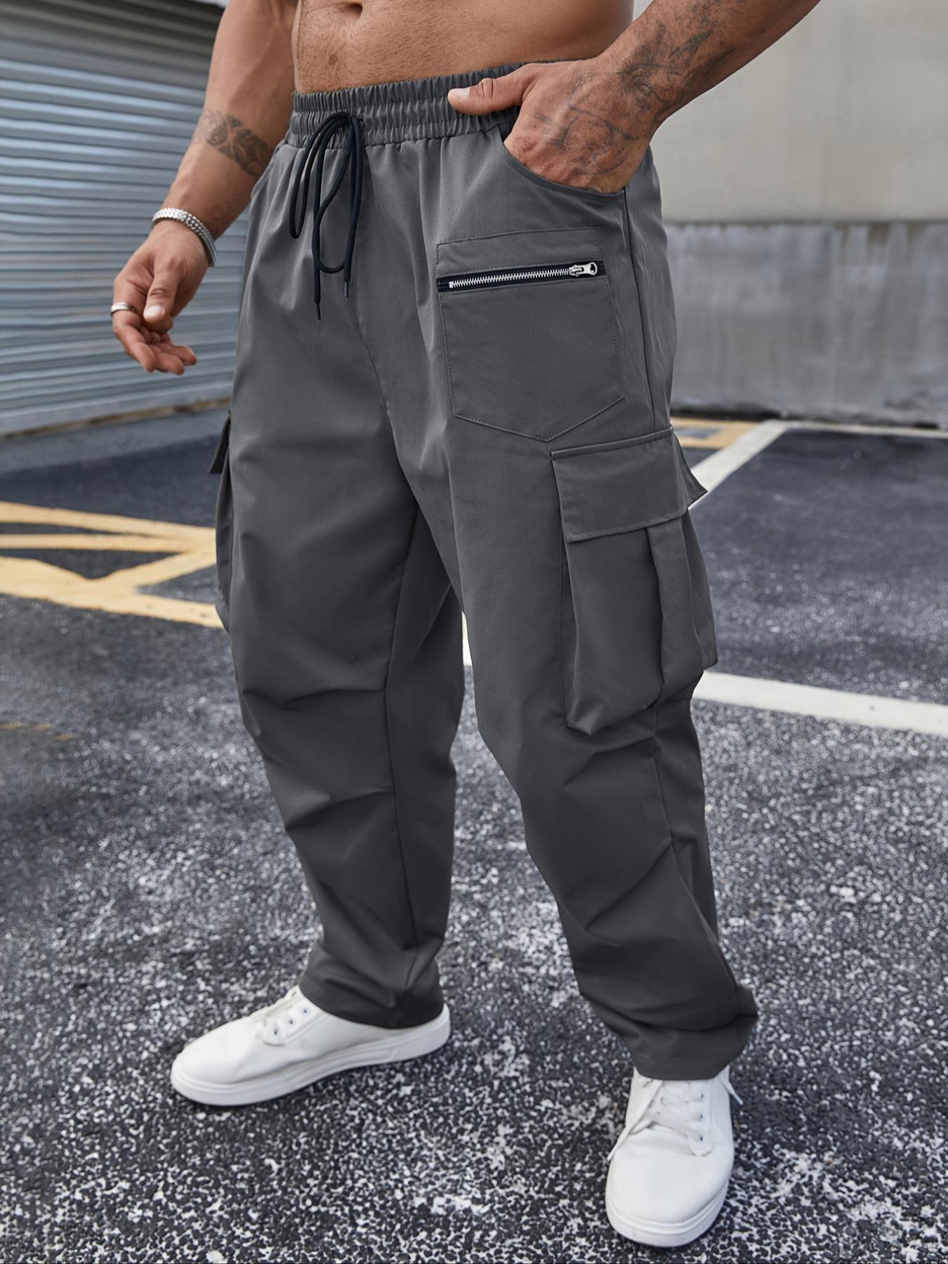 Plus Size Solid Drawstring Waist Cargo Pants, Casual Streetwear for Daily Wear, Men's Dark Gray Trousers for All Seasons