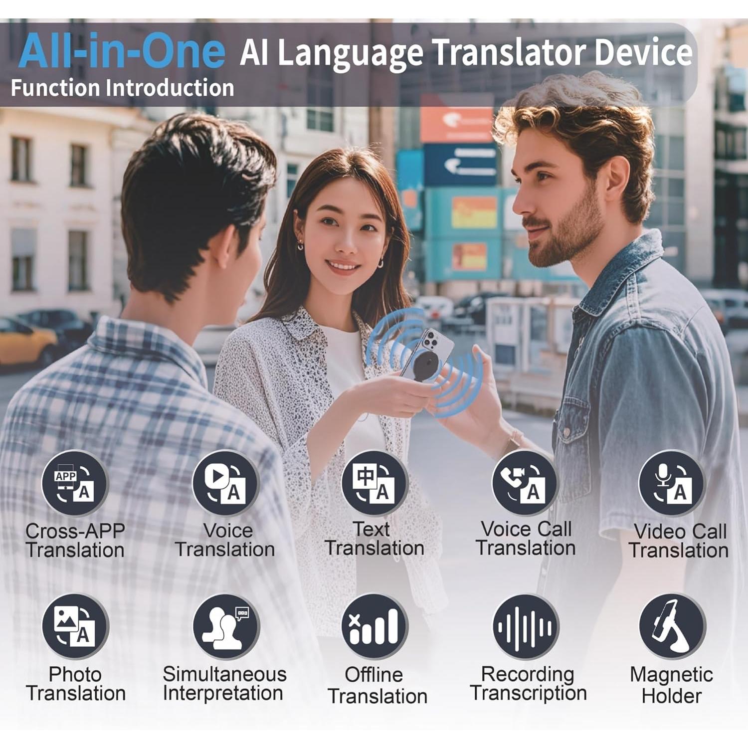 Language Translator Device for  Languages, Pocket AI Real Time Translation Device, Voice//Photo/Call/Offline Translate for Travel, Business & Learning (Silvery)