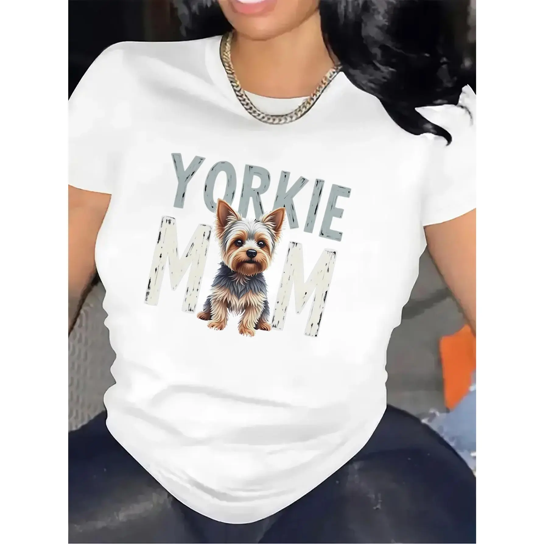 Women’s Yorkie Mom Distressed Yorkshire Terrier Dog Graphic T‑Shirt, Pet Lover Print Crew Neck Tee, 100% Cotton Short‑Sleeve Casual Top, Cute Dog Owner Gift Trendy All‑Season Shirt For Ladies