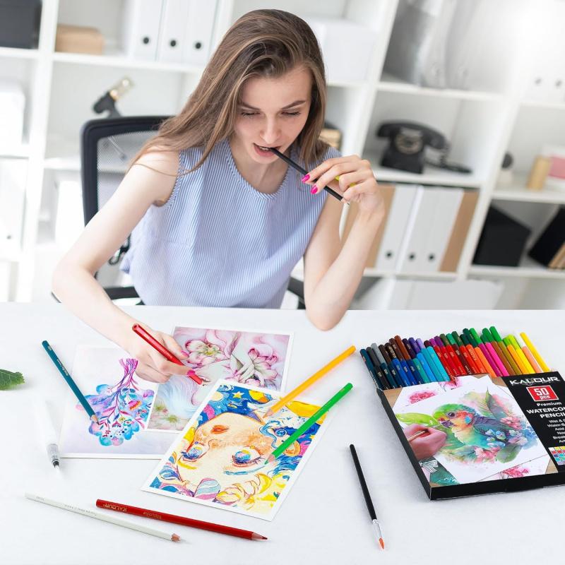 50-Color Professional High Pigment Watercolor Pencils Set with Brush and Water Brush Pen, Hexagonal Shape, Blendable Wet or Dry, Water-Soluble Colored Pencils for Artists and Beginners, Art Supplies