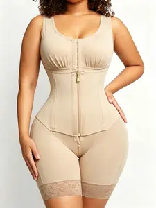 1 Count Women's Lace Trim Body Shaperwear, Colombian Shapewear, Fajas, Butt Lifting Tummy Control Body Shaper, Gold Zipper Shapewear Bodysuit, Multi-Boned Structured Jumpsuit, Compression Contoured Shapewear, Perfect For Fashionable Outings & Daily Style