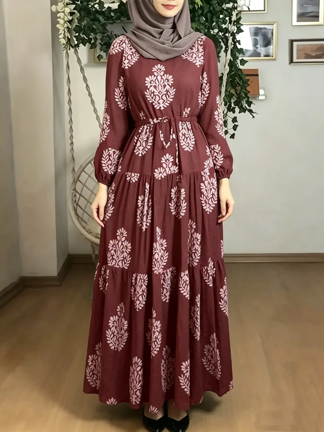 Ladies Vintage Floral Leaf Print Tiered Muslim Abaya Dress, Modest Long Robe, Wrinkle-Resistant, Ideal for Family Gatherings, Modest Clothes