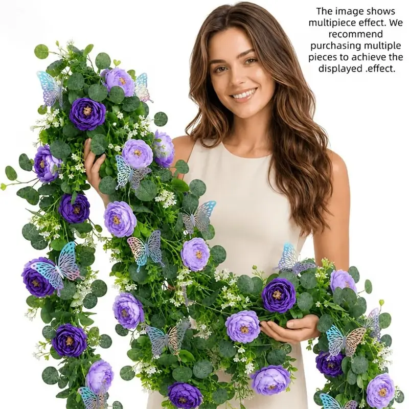 14pcs 178cm Artificial Eucalyptus Wreaths with Roses and Colorful Butterflies, Realistic Floral Decor for Weddings, Parties, Home Decor, Faux Floral Decor