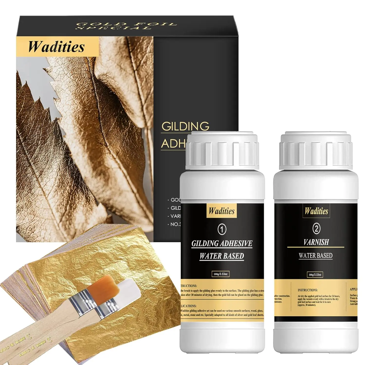 Gold Leaf Gilding Adhesive Set, 100ml Water Based Glue & 100ml Varnish, 100Pcs Gold Leaf Sheets, 2 Brushes for Art & Craft Painting