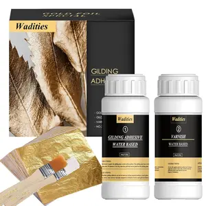 Gold Leaf Gilding Adhesive Set, 100ml Water Based Glue & 100ml Varnish, 100Pcs Gold Leaf Sheets, 2 Brushes for Art & Craft Painting