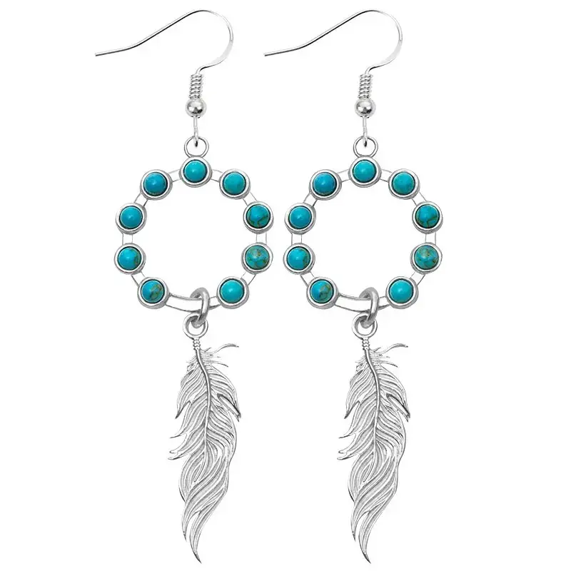 Feather Earrings Western Style Simulated Turquoise Earring Set Western-Inspired Silver Hoop with Turquoise Accents & Feather Drop Lightweight Comfortable for All-Day Wear