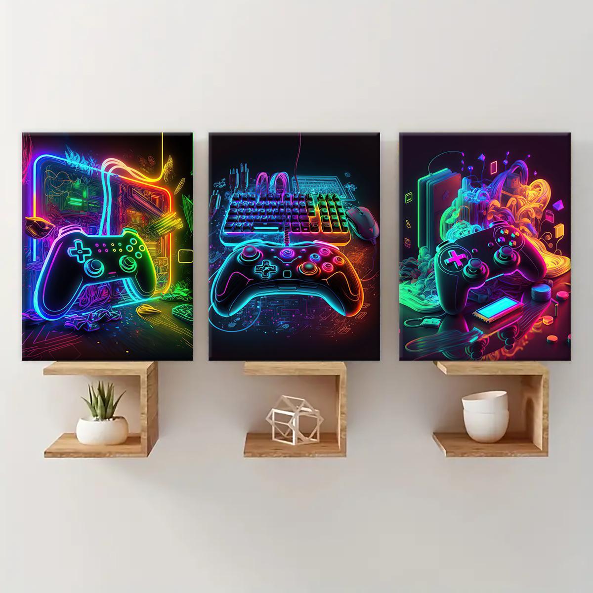 Modern Neon Gamepad Lightsaber Man Pattern Canvas Painting with Frame, 3 Counts/set Artistic Modern Wall Art Painting, Wall Art Decor for Home Living Room Bedroom Office, Wall Art Decoration