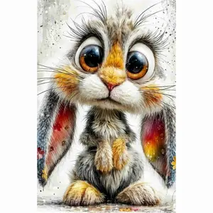 Cute Big-Eyed Fluffy Bunny with Rainbow Ears Diamond Painting Kit, Whimsical Cartoon Rabbit Art with Sparkly Eyes and Floral Details, High-Quality Full Drill Round & Square Rhinestone Mosaic, 5D DIY Handmade Cross Stitch Home Wall Decor