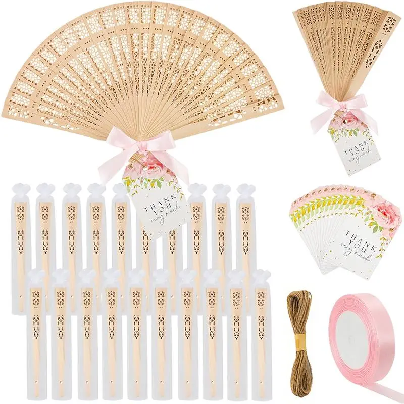 20 Sets Wooden Hand Fan Sandalwood Wood Handheld Folding Fans with Ribbon or tassel Thank You Tag for Wedding Guests Baby Shower Birthday Bridal Gifts Party Favors