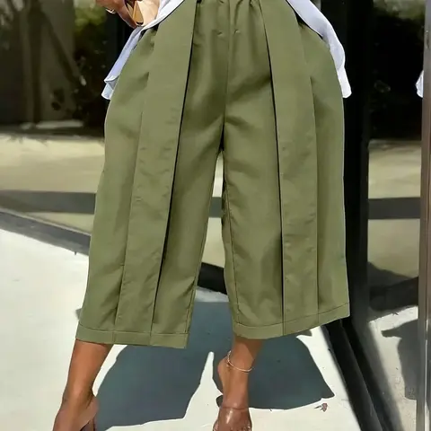 Women's Wide Leg Seven-Quarter Pants Bottom, Summer New Arrival, Elastic Waist, Pleated Slim Fit, Casual Camouflage Workwear