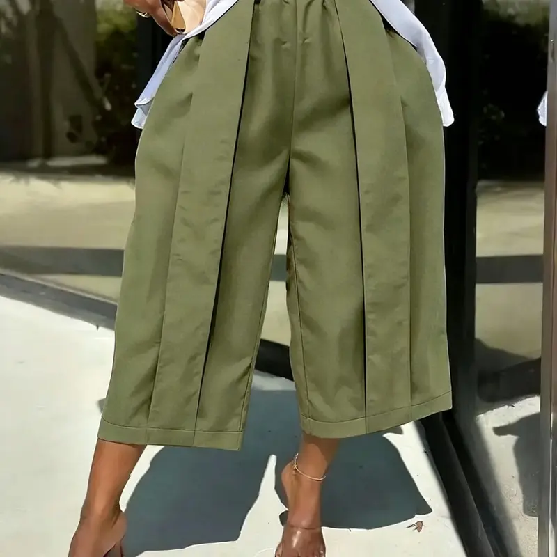 Women's Wide Leg Seven-Quarter Pants Bottom, Summer New Arrival, Elastic Waist, Pleated Slim Fit, Casual Camouflage Workwear