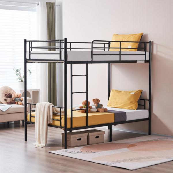 Iron Bed Bunk Bed with Ladder for All Ages Twin Size Black Bedroom Bedframe with 33.5cm Fence & 26.5cm Storage Space Modern Design