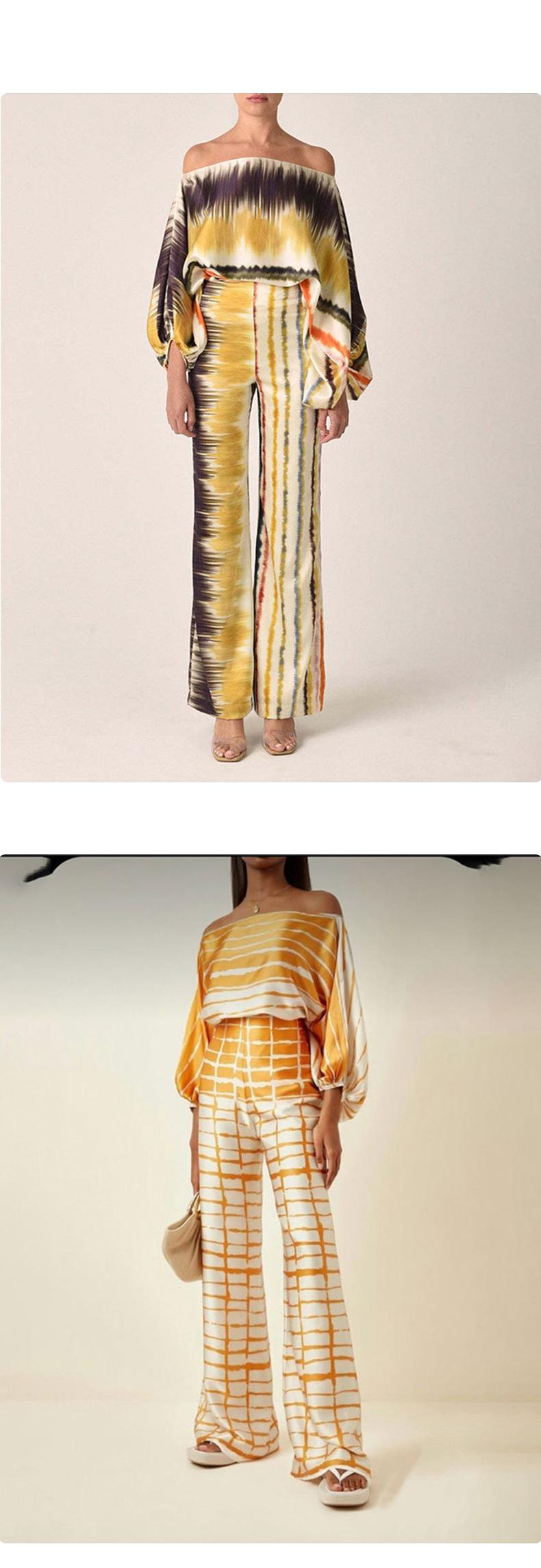 2026 Spring New Women's Clothing Set Printed Batwing Sleeve Waist-Cinching Wide-Leg Pants Set