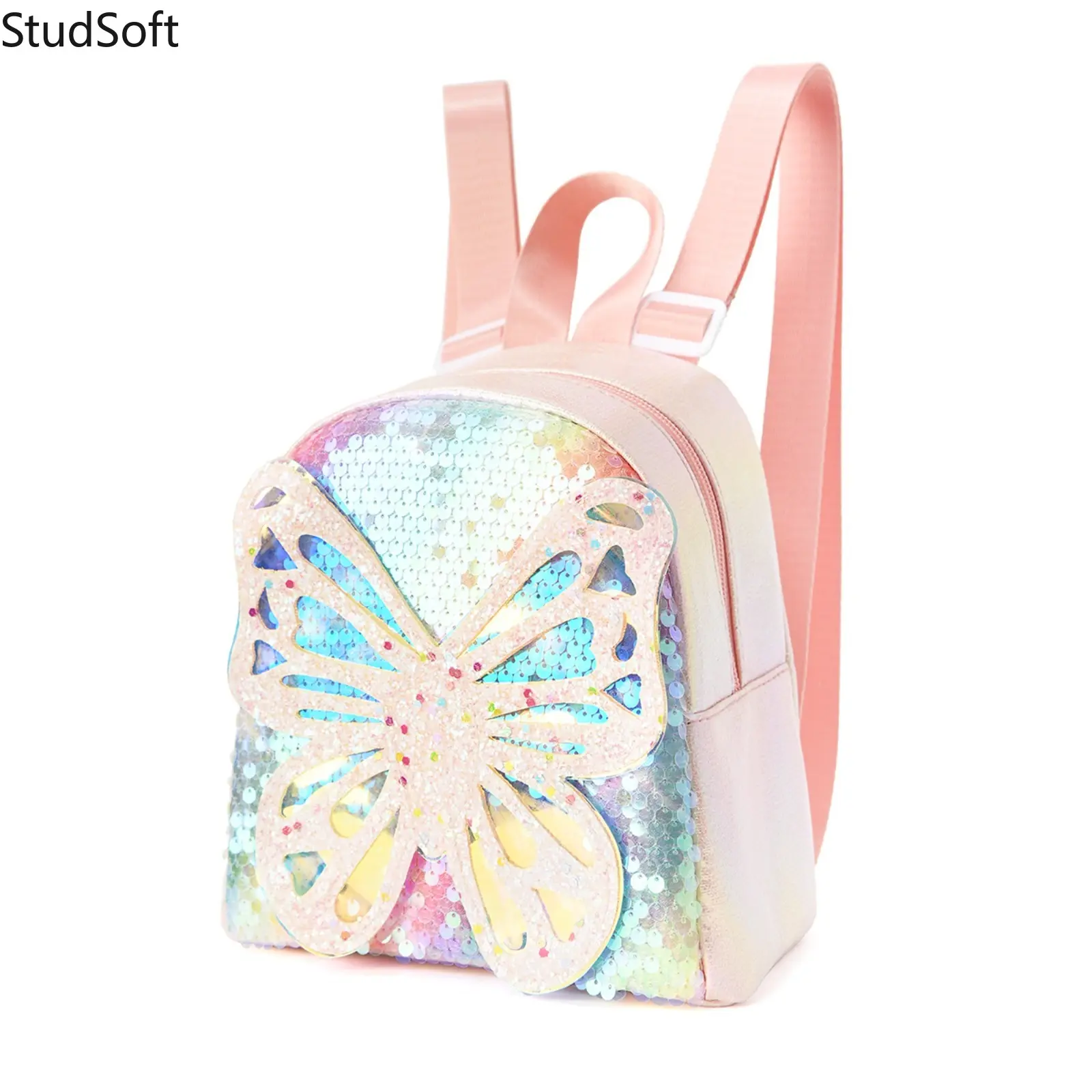 Trendy Rainbow Sequin Backpack Women Kids Cute Glitter Butterfly Mini Rucksack Shiny Gradient Casual Daypack Knapsack for School Travel Gift