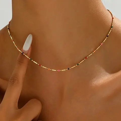 1 Piece Dainty Multicolor Beaded Choker Necklace, Thin Tube Chain Colorful Tiny Bead Clavicle Necklace, Minimalist Boho Style Necklace Daily Costume Jewelry For Women Dainty Choker Necklaces