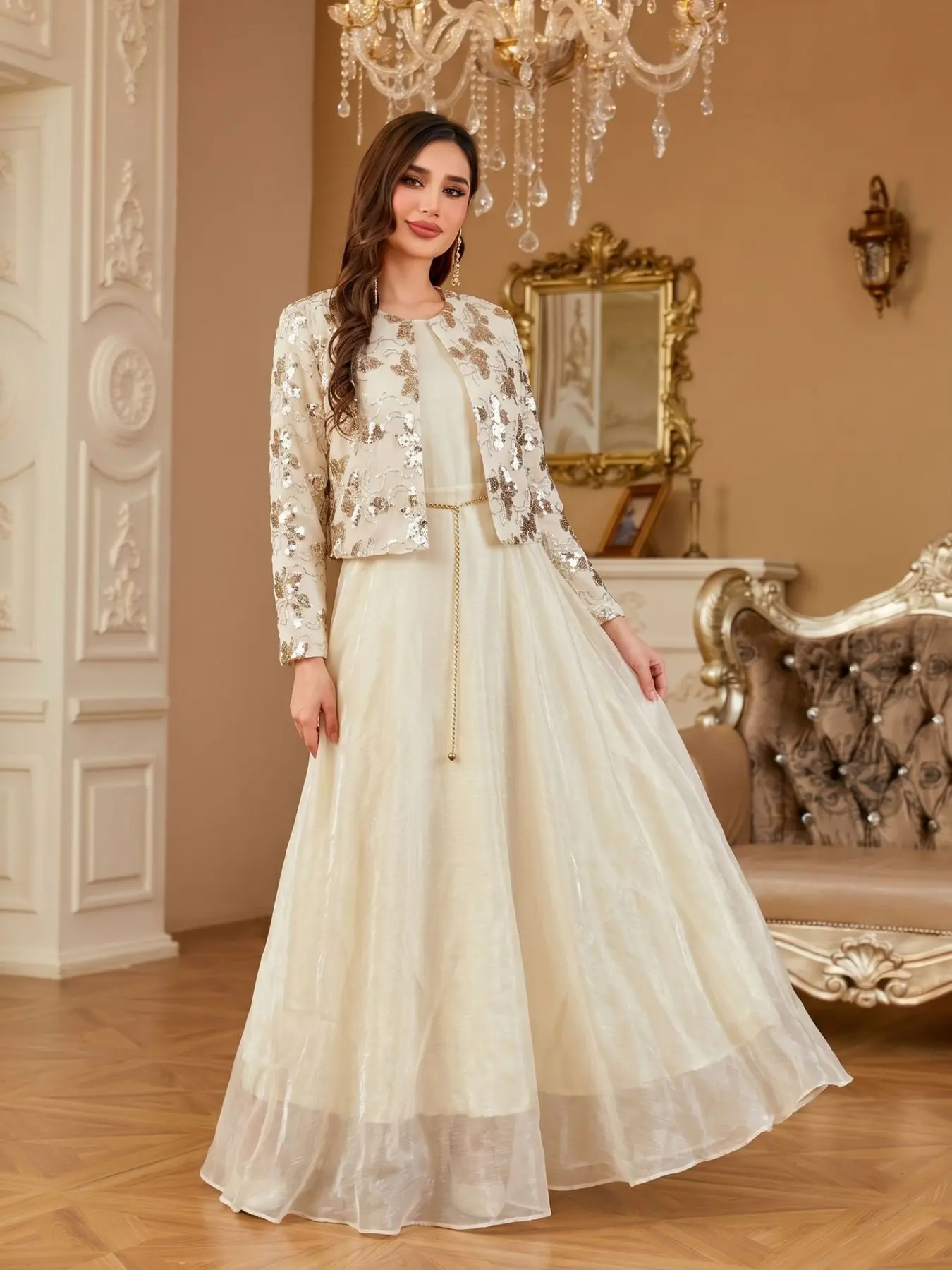 Women's Ivory Gold Sequin 2 Piece Maxi Dress Set, Floral Jacket, Metallic Embellishment, Chain Waist, A-Line Skirt, Eid, Ramadan, Wedding, Flowy