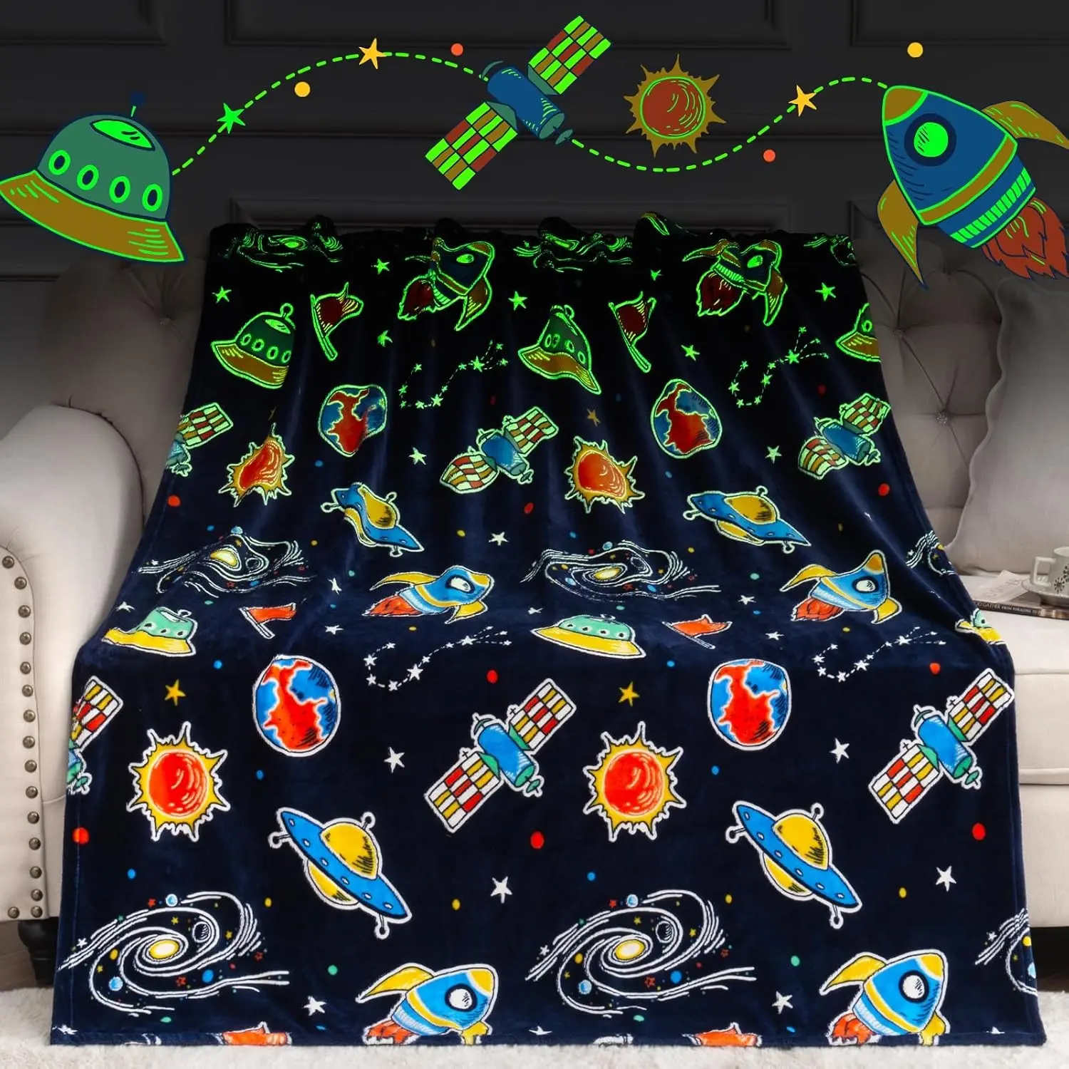 Glow in The Dark Space Blanket for Kid, Astronaut Toy Gift 50''x60'' | Super Soft Plush Galaxy Planet Toy Throw Blanket, Solar System Room Decor, Birthday Christmas for Age 3-10 Year Old Boys