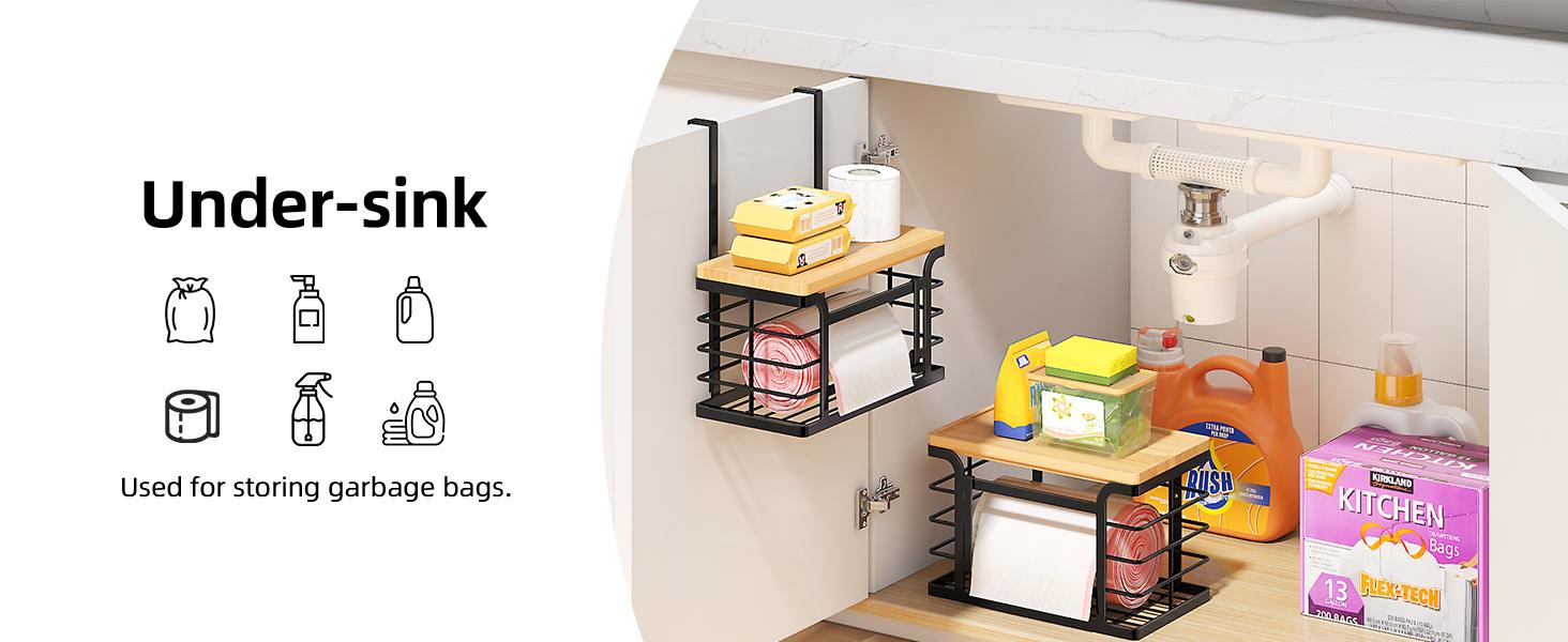 2 Pack Stackable Trash Bag Holder with Bamboo Top, 2025 Pro Wall Mount Laundry Room Organization, Djustable Hooks for Cabinet Door - Organizers in Kitchen/Pantry/Laundry Room, Black