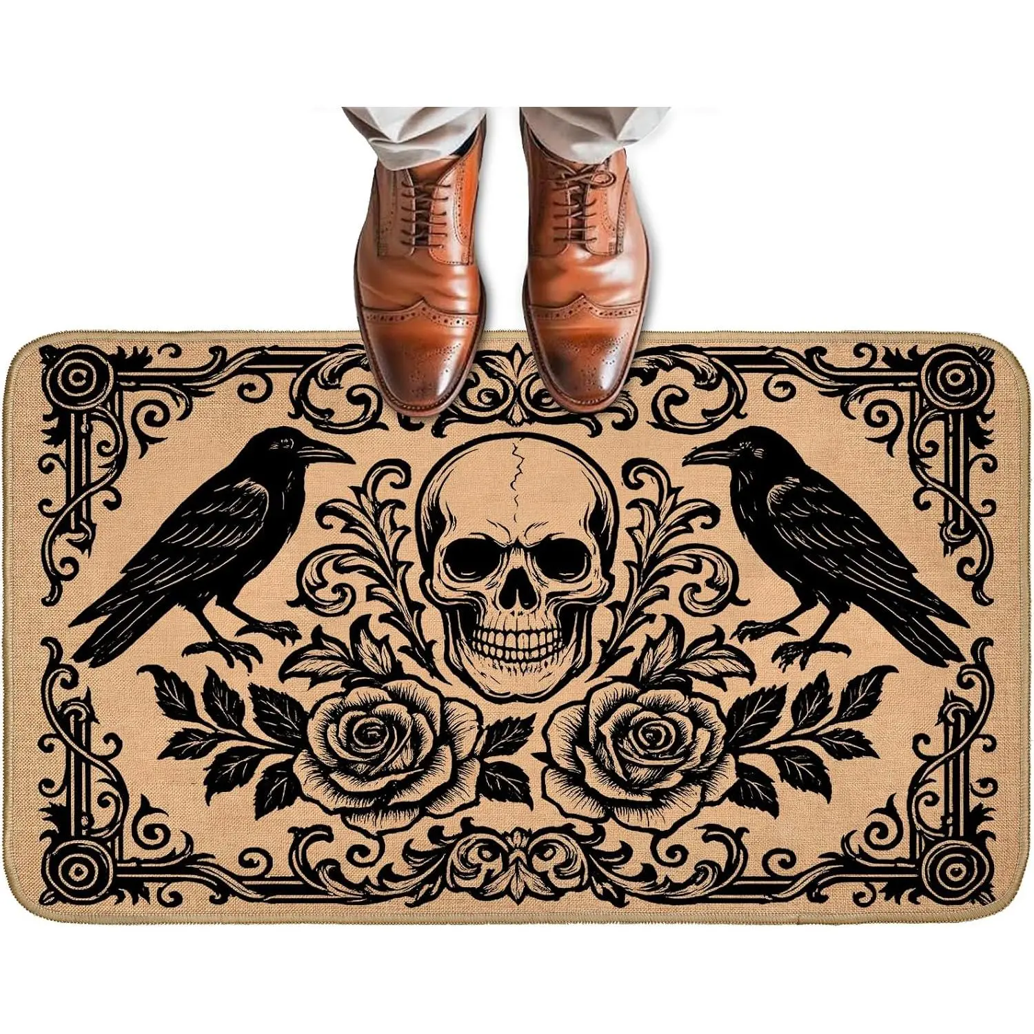 Gothic Skull and Crow Doormat for Front Door Outdoor Indoor, Non-Slip Welcome Mat with Vintage Rose and Skull Raven, Entry Rug for Porch, Home, Office, Living Room, Bathroom Decor, Fabric Rubber