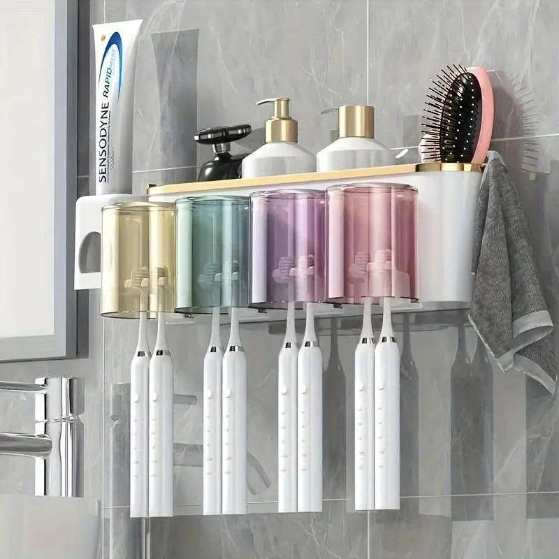 Modern Wall-Mounted Toothbrush Organizer - Durable Bathroom Accessory with Multiple Sections, Toothpaste Dispenser, Gargle Cups, Space-Saving Toothbrush Storage, Freestanding Compatible Rack