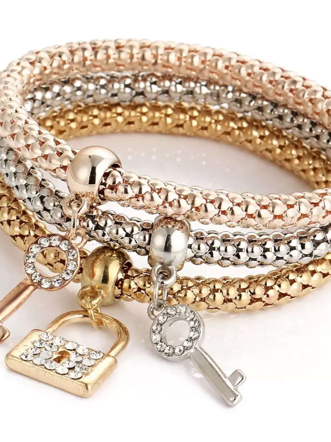Women's Elegant Lock & Key Charm Bracelet Set, 3pcs Rhinestone Decor Bangles, Vintage Jewelry, Ideal Gift for Girlfriend