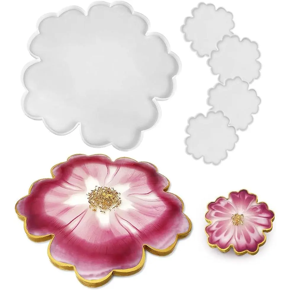 13'' Large Floral Tray Mold + 4'' Flower Geode Coaster Silicone Molds (No Designs, 5 Pieces, White, Silicone, Single Piece Construction)