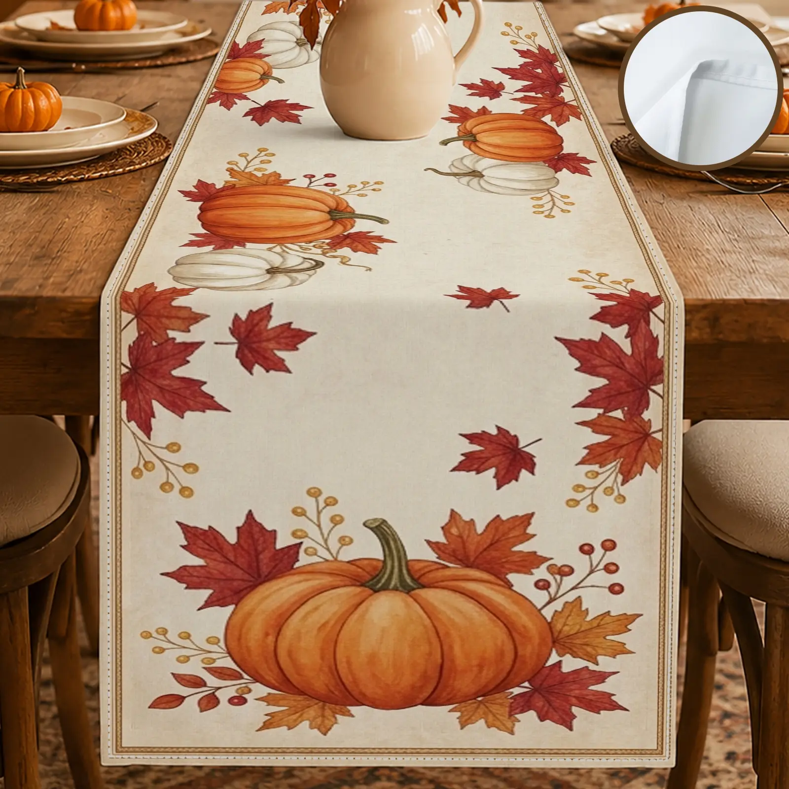 1pc Pumpkin Maple Leaf Table Runner, Rustic Fall Style, Floral Border Watercolor Style Print, for Dining Table Kitchen Decor Home Decor Thanksgiving Dinner