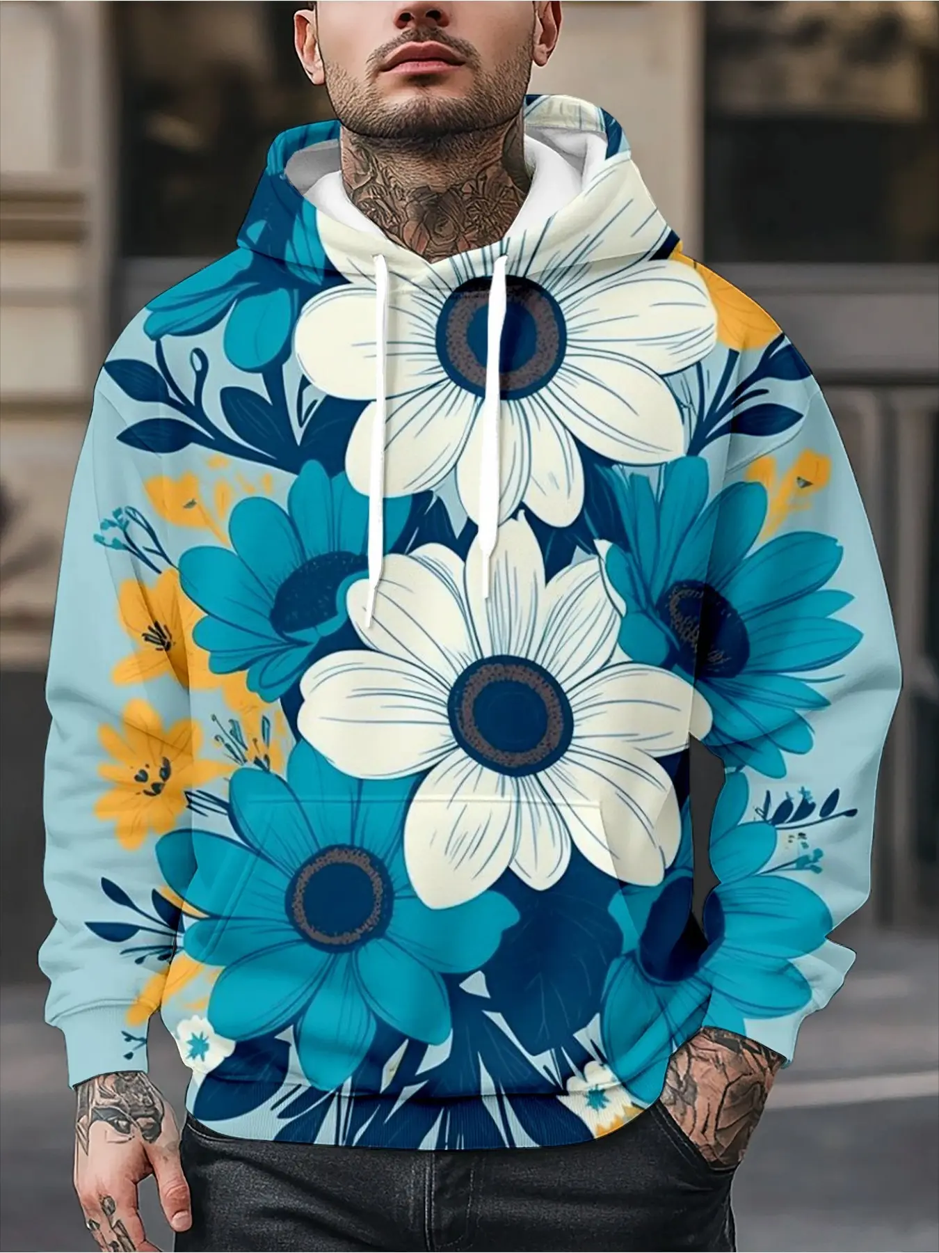 Men's 3D Flower Print Hooded Sweatshirt - Emerald Green and Yellow Daisies Design, Casual Pullover Sweater with White Daisies, Machine Washable Regular Style Suitable for Daily and Semi-formal Occasions, Bright Blue and Yellow Flower Pattern