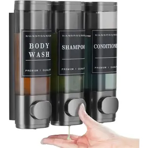 Shampoo and Conditioner Dispenser, Shower Soap Dispenser Transparent 3 Chamber No Drill Wall-Mounted Shampoo Dispenser for Shower Luxury Wall Mounted Shower Dispenser for Bathroom Hotel Large Capacity,Dark Gray Home Goods Black