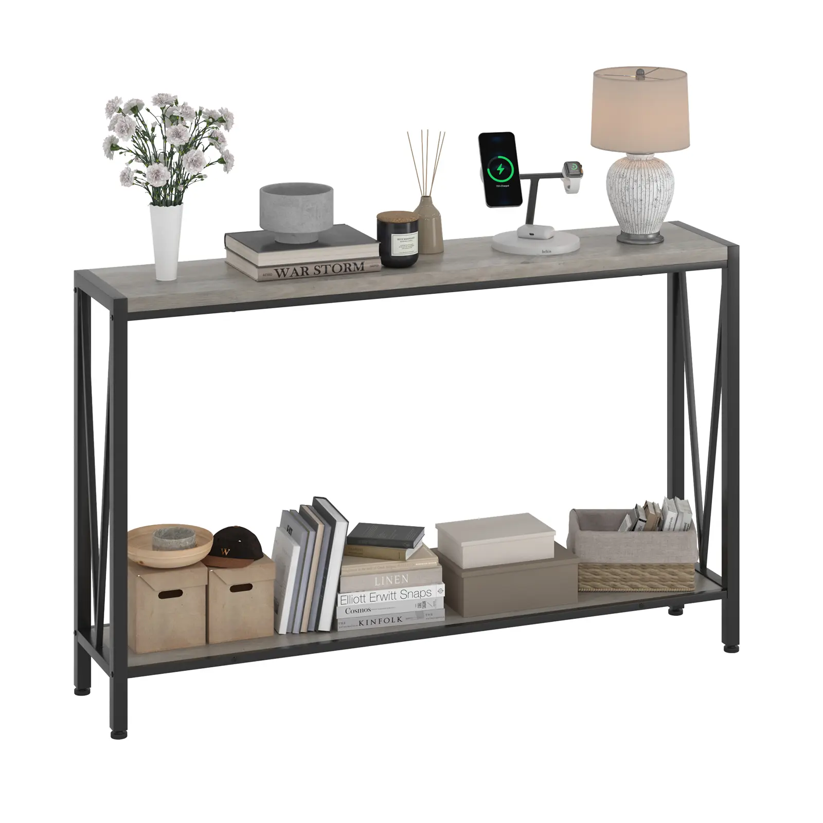 Industrial Narrow Console Table with Sturdy Metal Frame and Open Shelving, Long Sofa Side Table for Living Room, Entryway, Hallway, or Home Office