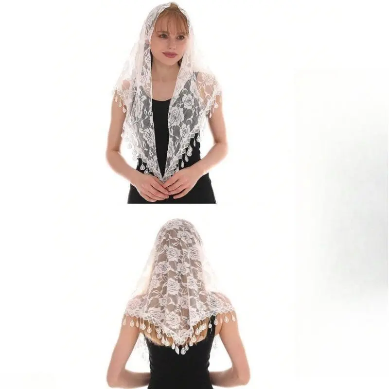 Women's Triangle Shawl, Elegant Crochet Lace with Rose Floral Pattern and Fringe Tassels, Lightweight Multi-use Wrap for a Feminine Look, Triangular Form