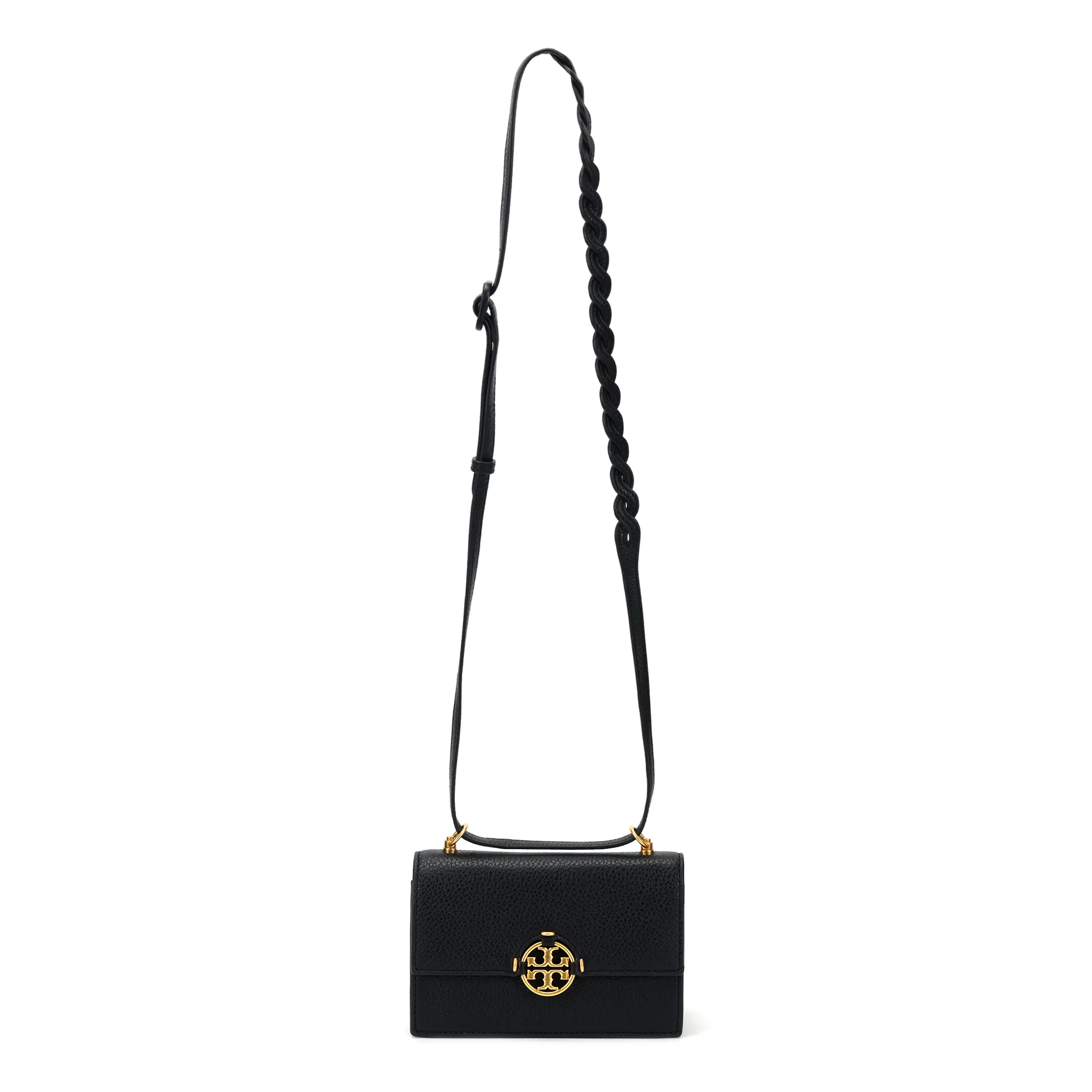Tory Burch Miller Double-T Logo Chain-Handle Satchel Bag for Women – Black Pebbled and Suede Accordion Style