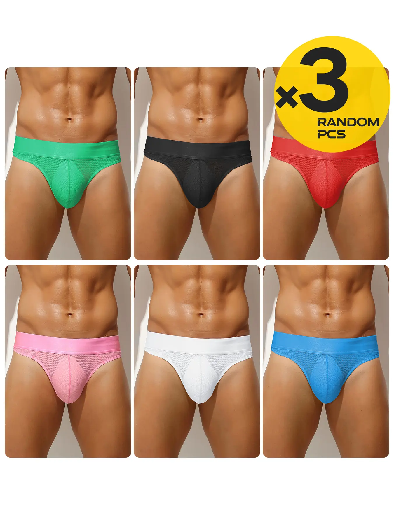 Ultra Thin Mesh Men Low Waist Jockstrap Underwear Hollow Breathable Open Side Triangle Briefs Lightweight Elastic Band Daily Travel Replacement Underpants 3 Pcs Random Solid Colors