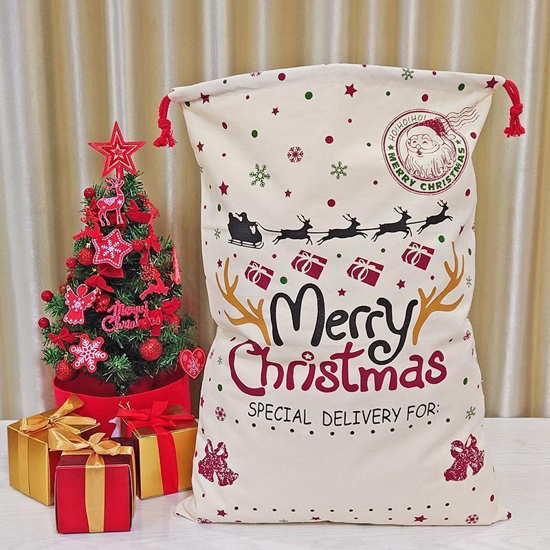 Extra Large Gift Bag Canvas Sacks for Presents Merry Christmas Candy Bundle Pockets Drawstring Bags Xmas Elements Printing 50*70