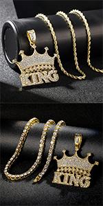 14k Gold Silver Plated Hip Ho Rapper Pendant Chain Necklace for Men-Iced Out Diamond King Pendant with 22 Inch Rope Tennis Chains