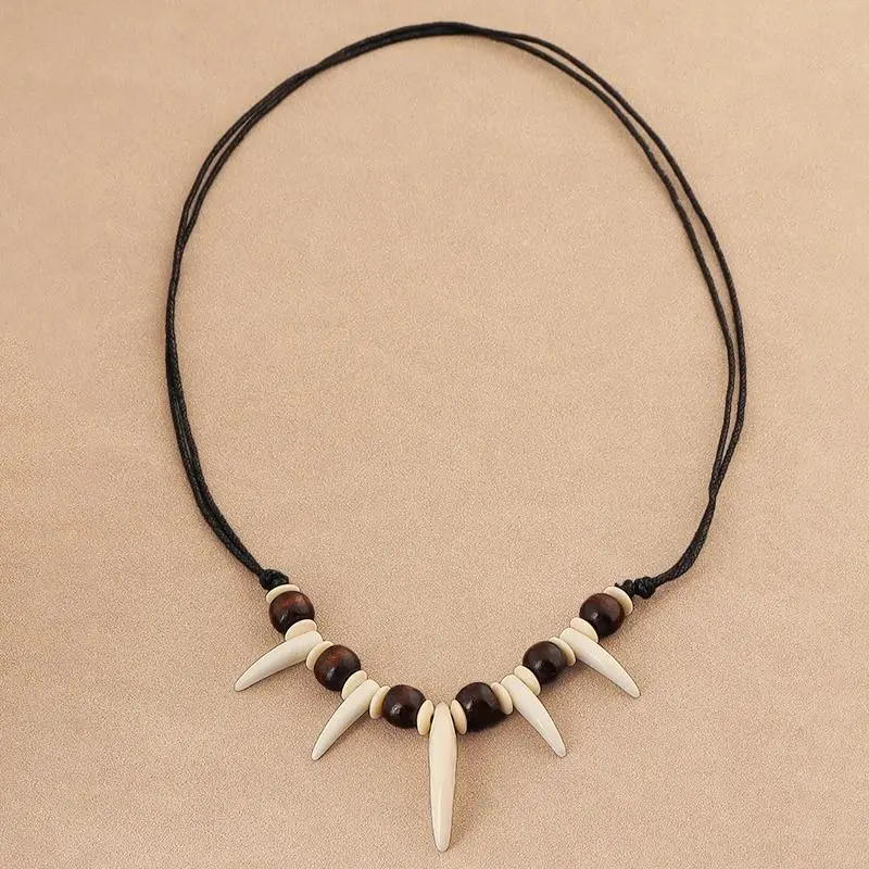 1 PC Fashion Imitate Teeth Beaded Necklace Rope Braided Imitation Wolf fangs Necklace Surfer Adjustable Length Necklace Amulet