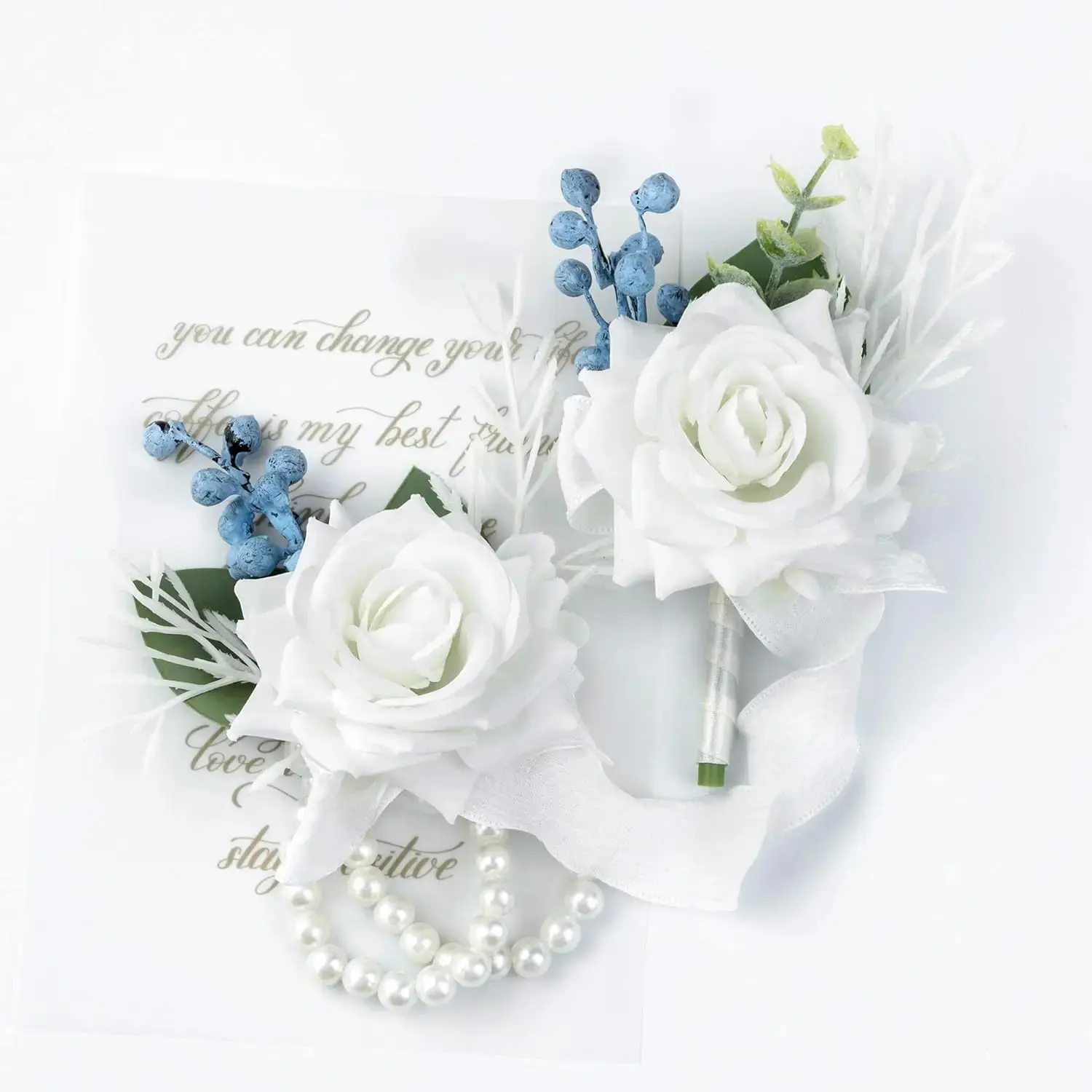 Wrist Corsage Wristlet and Boutonniere for Wedding Bridesmaid Mother Grandmother for Bridal Shower Wedding Artificial Roses Flower Prom Set of 2 (White)