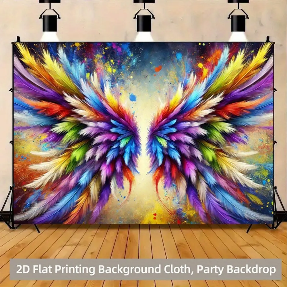 2D Flat Banner colorful feather wings pattern polyester photography backdrop, HD digitally printed soft lightweight foldable background cloth, suitable for weddings, parties, product photography, portraits, video studio and indoor