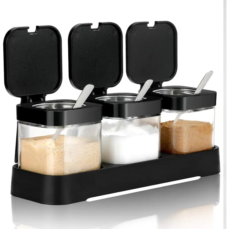 Modern Glass Seasoning Jars with Lids and Spoons - Kitchen Seasoning Utensils,  Containers, Sugar Bowls - Holiday Gift for Christmas, Thanksgiving automatic salt pepper shaker pill crusher easy dispensing
