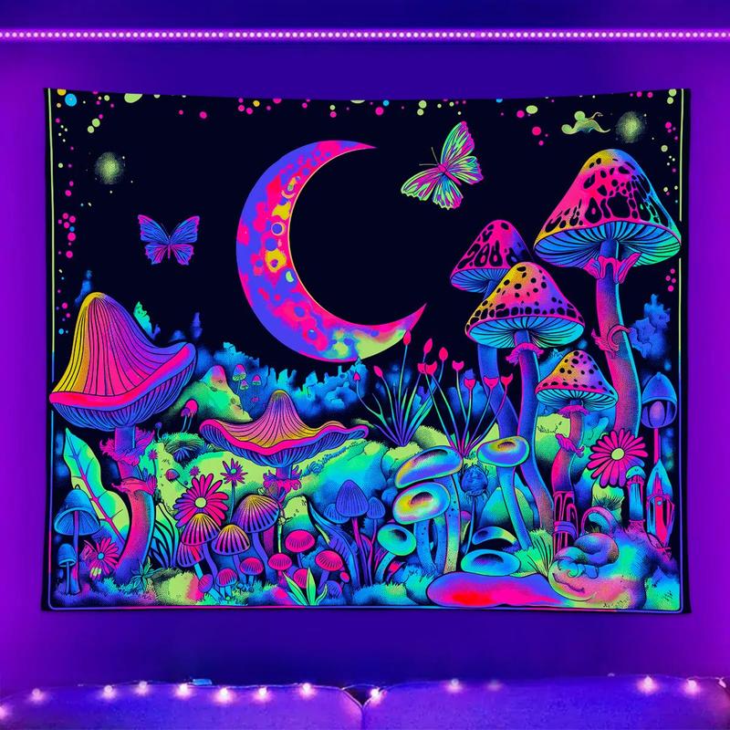 Mushroom & Moon & Butterfly Pattern Tapestry, 1 Count UV Reactive Fluorescent Durable Decorative Tapestry, Neon Light Effect Wall Hanging Blanket for Home, Multicolor Decoration Items, Home Goods, Tapestry Wall Mural Mushroom & Moon & Butterfly Pattern Tapestry, 1 Count UV Reactive Fluorescent Durable Decorative Tapestry, Neon Light Effect Wall Hanging Blanket for Home, Multicolor Decoration Items, Home Goods, Tapestry Wall Mural