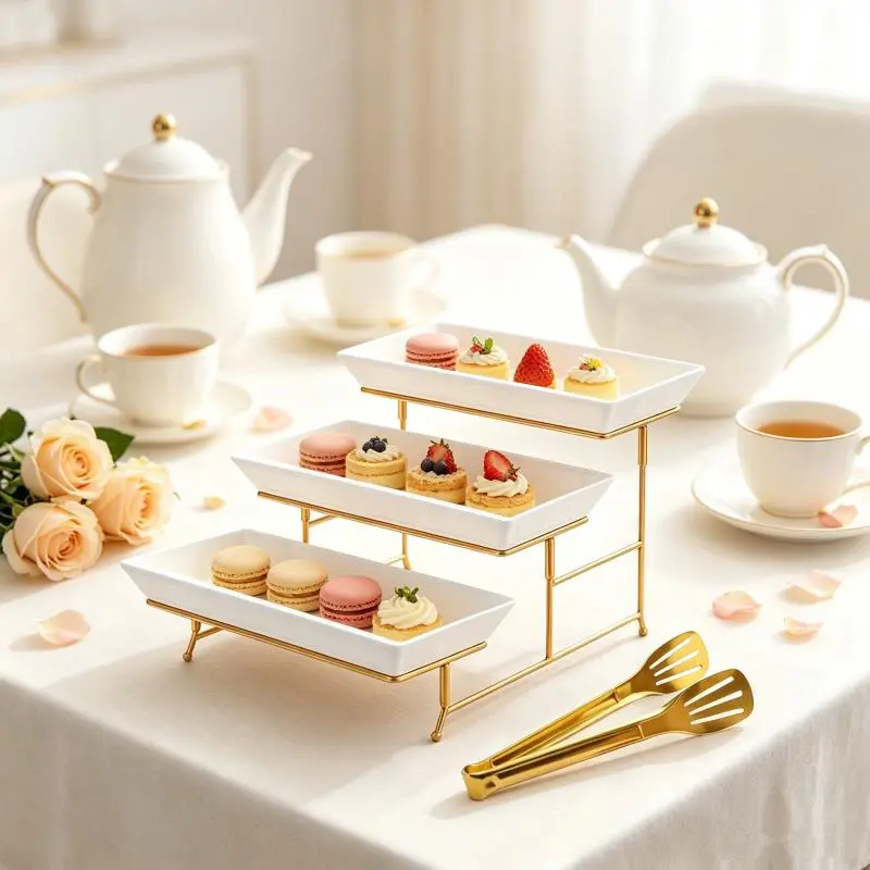 3 Tier Gold Metal Serving Stand with Food Grade PP Trays, Buffet Dessert Display Rack Includes Gold Tongs , Fruit Cupcake Pastry Platter Holder for Wedding Party BBQ Camping Table Decor
