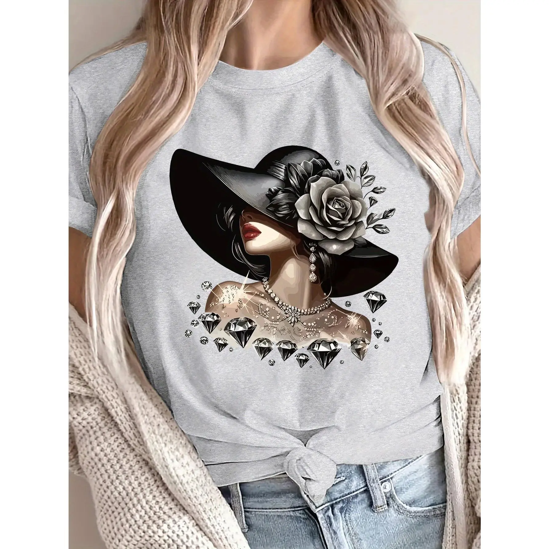 Lady's Short Sleeve Round Neck Top - Targeted Fashion Portrait Print, Soft Breathable Polyester Fabric, Casual Women's T-Shirt, Shortsleeve, Tshirt