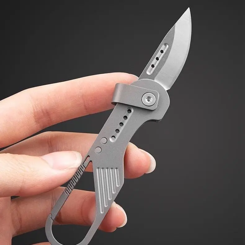 Titanium Alloy Keychain Folding Knife Mini EDC Pocket Knife Carabiner Clip 1.4" Blade Box Cutter Utility Knife Camping Hiking Outdoor Everyday Carry Gift for Men