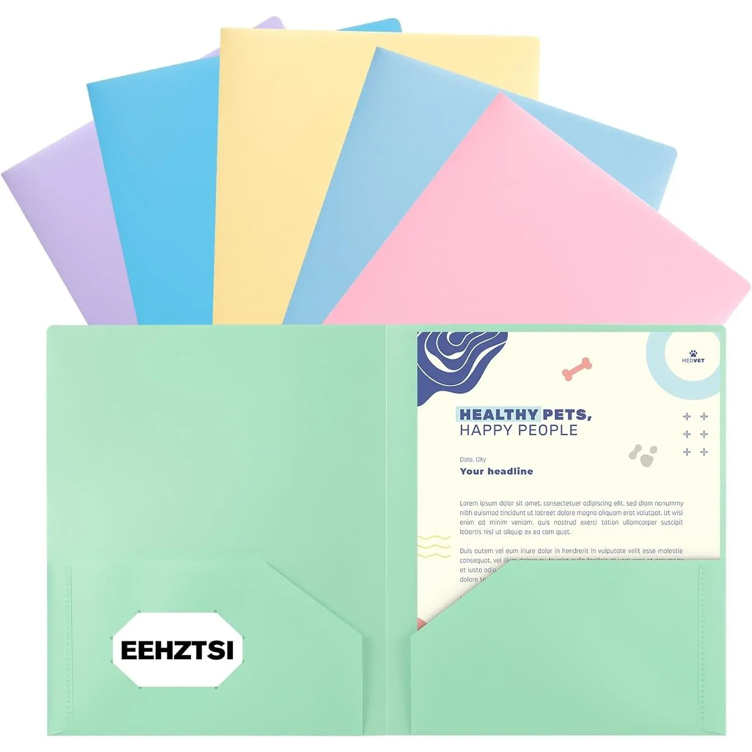 6-Pack Assorted Pastel Color Plastic 2-Pocket Folders, Holds US Letter Size Papers, for School/Office Use, Assorted Colors, Holds Papers