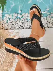 Women's Summer Braided Sandals, Wedge Thick Sole Flip Flops, Outdoor Anti-Slip Beach Shoes, Bohemian Style Vacation Footwear, Hemp Rope Trim