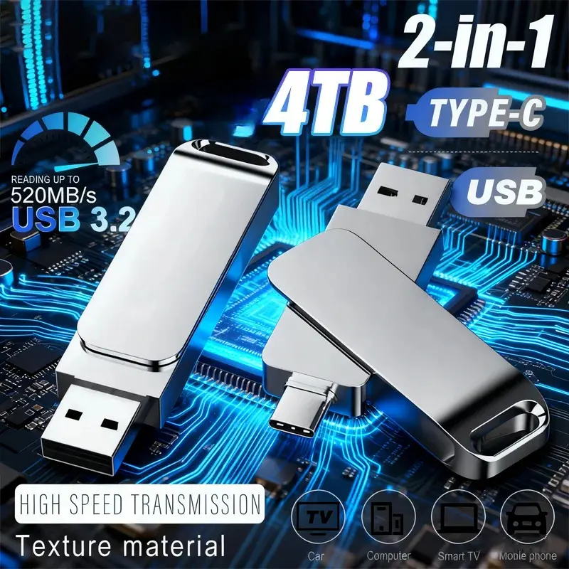 2TB/16TB USB 3.2 High-Speed USB Thumb Drive, 520MB/s 2-in-1 Type-C OTG Pen Drive, Waterproof Shockproof Large Storage for Phones & PC Users Data Storage