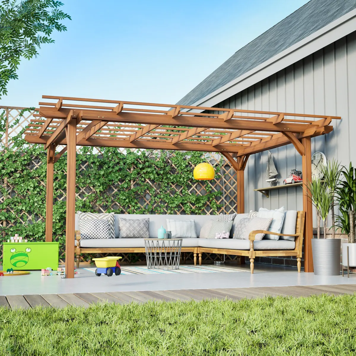 Aobtkel 12x10 FT Outdoor Wooden Pergola with Plant Climbing Support, Rustic Look Structure for Garden Patio & Outdoor Space, Brown