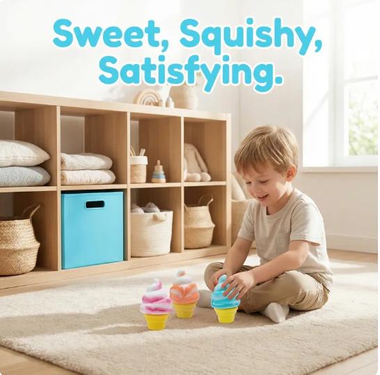 Needoh Cute Ice Cream Squishy Fidget Toy – Slow Rising Sensory Stress Relief Dough Ball, Creative Easter Basket Stuffer, Fun Gift for Kids & Adults